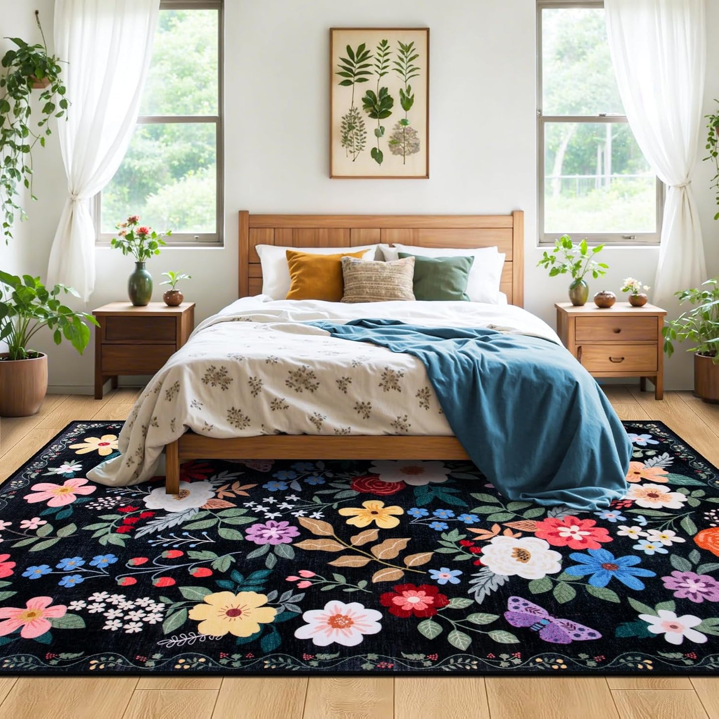 Area Rugs 9x12 Living Room: Floral Washable Rug Vintage Large Soft Boho Non-Slip Carpet Indoor Floor Stain Resistant Low Pile Carpets for Bedroom Dining Room Farmhouse Nursery Home Office Black