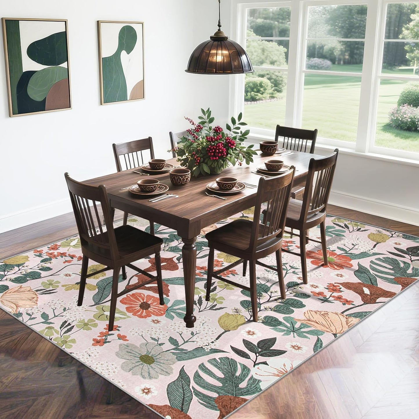 9x12 Area Rug for Living Room: Vintage Floral Washable Rug Soft Boho Non Slip Carpet Large Indoor Floor Non Shedding Low Pile Thin Carpets for Bedroom Dining Room Farmhouse Nursery Home Light Pink