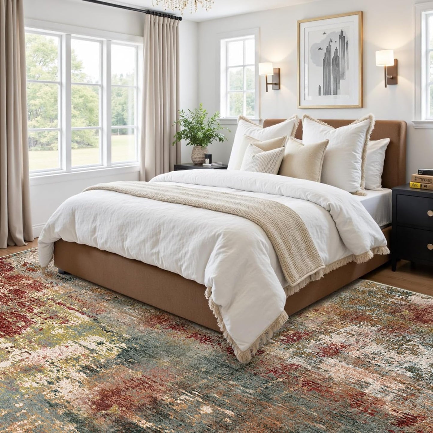 Washable Area Rugs 5'x7' Non-Slip Modern Abstract Soft for Living Room Entryway Bedroom Nursery, Print Pattern, Brown Rust Red Multi