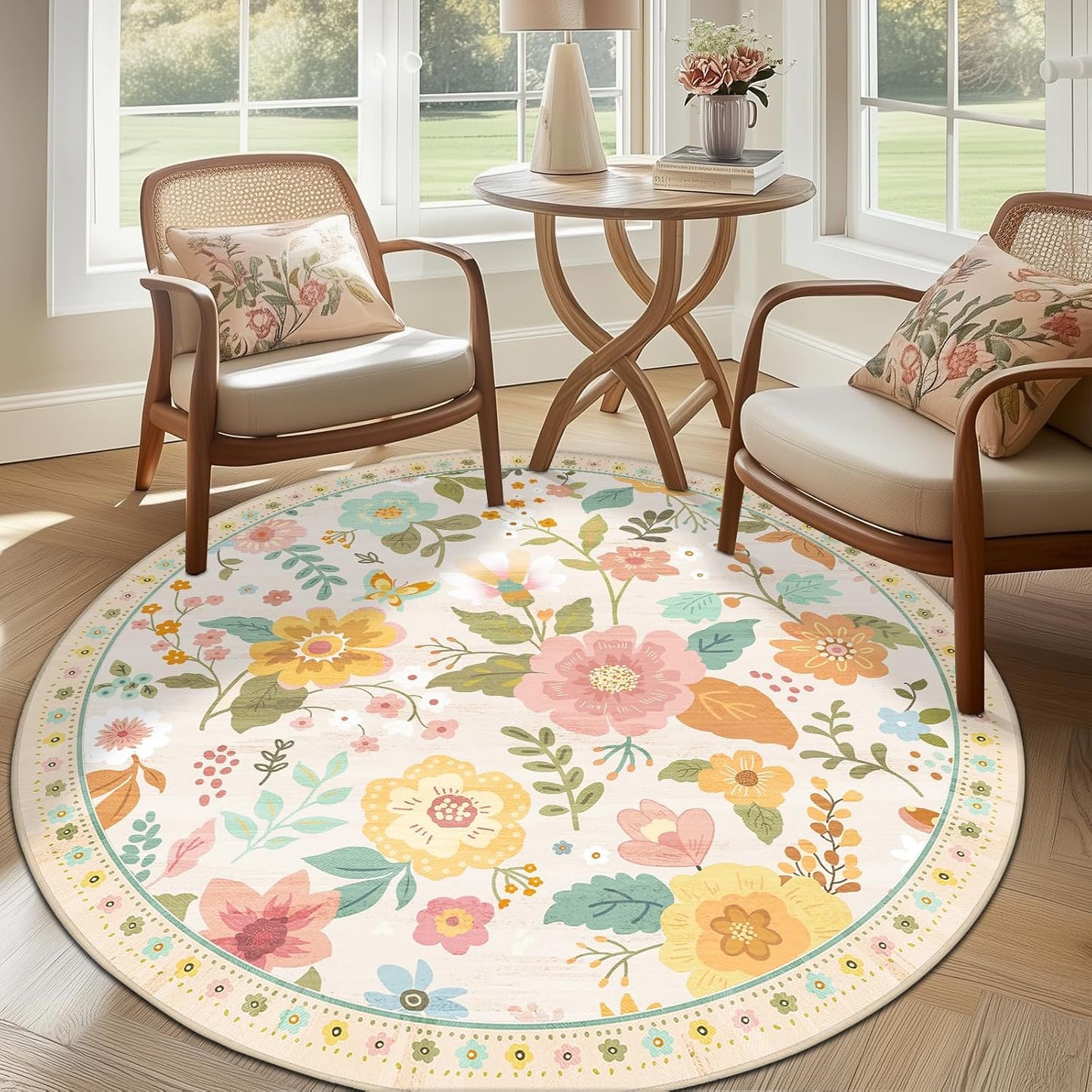 Floral 6ft Area Rug Machine Washable Soft Print Boho Carpet Non Slip Doormat Low Pile Flower Area Rugs for Living Room Bedroom Nursery Kitchen Dining Room Indoor-Beige/White/Orange