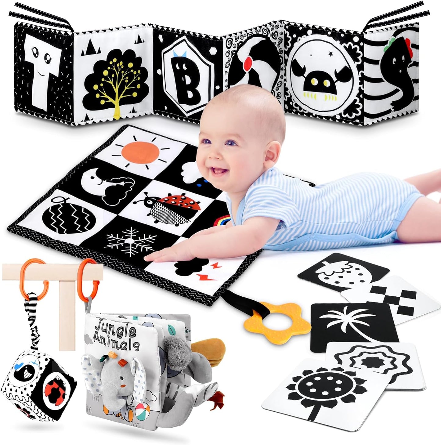 5 in 1 Black and White High Contrast Baby Toys 0-3 Months for Newborn, Tummy Time Toys Montessori Toys for Babies 0 3 6 9 Months - Infant Sensory Soft Book Toys for Babies Girls Boys Baby Gifts
