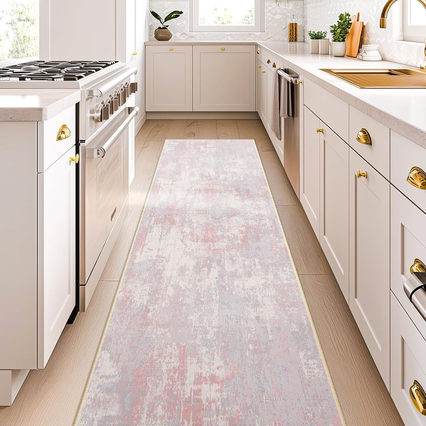 Washable Area Rugs 2'x10' Non-Slip Modern Abstract Soft for Living Room Entryway Bedroom Nursery, Print Pattern, Grey Pink