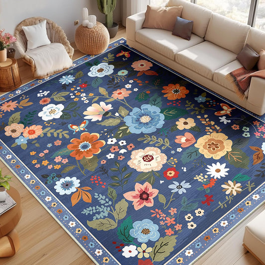 Floral 8x10 Area Rug Machine Washable Soft Print Boho Carpet Non Slip Doormat Low Pile Flower Area Rugs for Living Room Bedroom Nursery Kitchen Dining Room Indoor-Blue/Grey