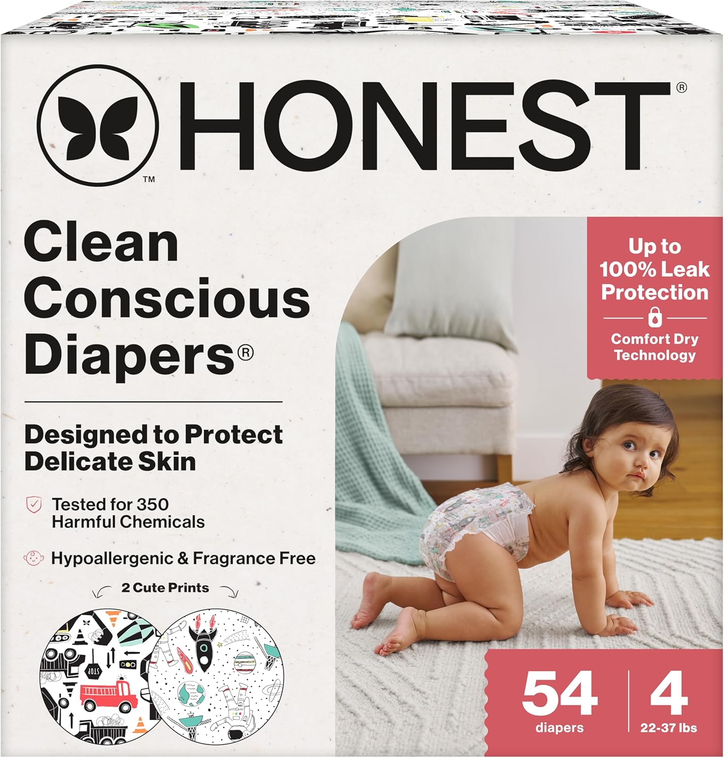 The Honest Company Clean Conscious Diapers for Delicate Skin | Up to 100% Leakproof | Hypoallergenic, Fragrance Free | Gender Neutral | Club Box, Size 4 (22-37 lbs), 54 Count (Prints May Vary)