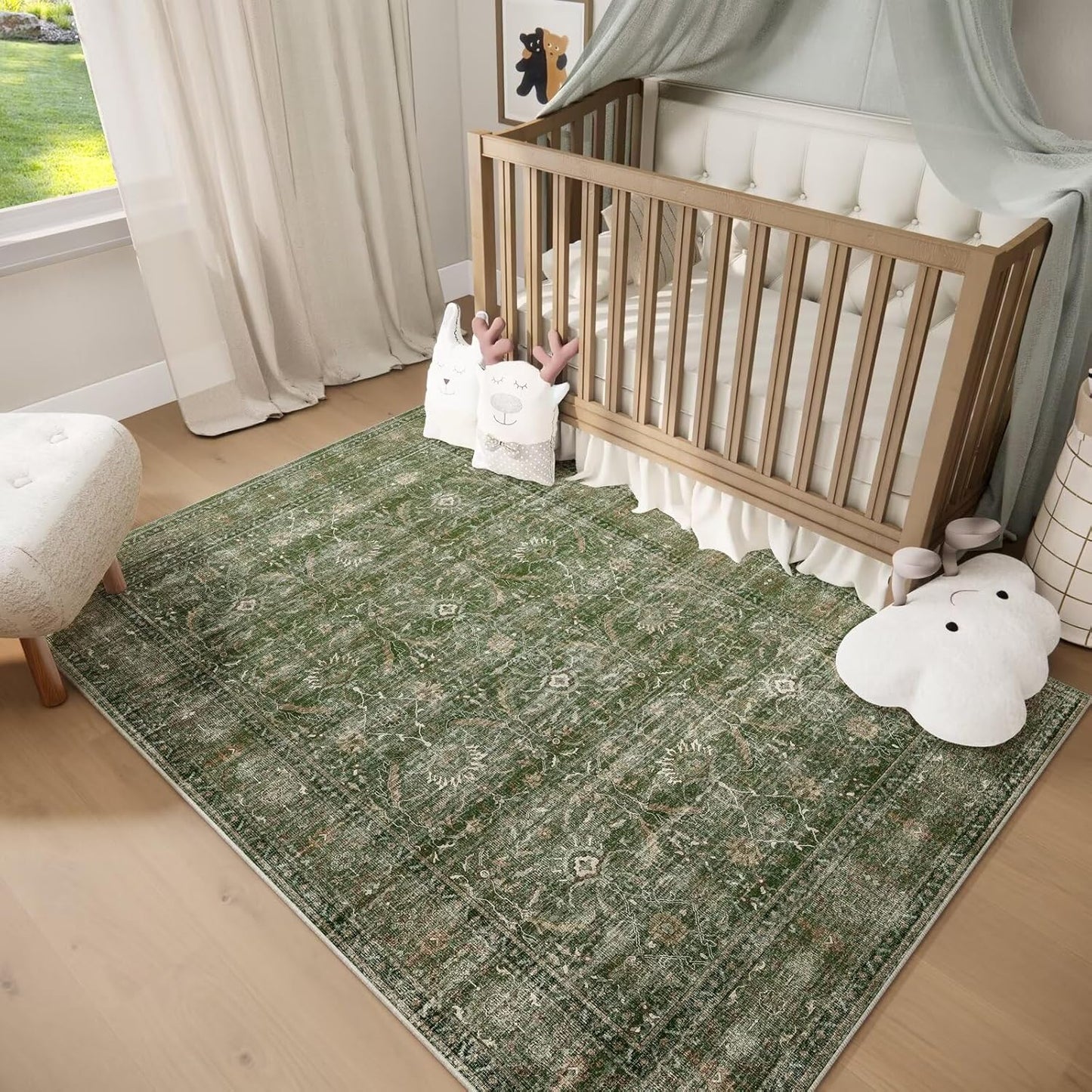 Washable 4x6 Rugs for Living Room, Boho Non-Slip Silicone Backing Small Rugs for Bedroom Nursery Office, 0.3" Neutral Oriental Throw Carpet with 0.16" Cushioning Pad, Grass Green/Multi