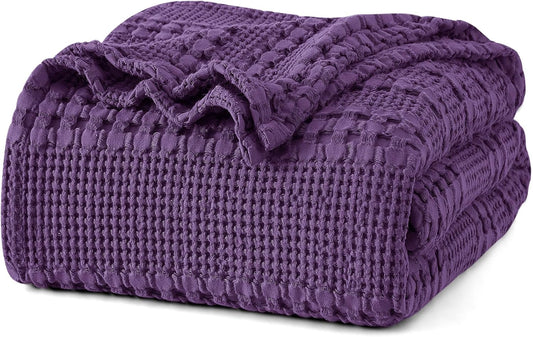 PHF 100% Cotton Waffle Weave Blanket Queen Size, Soft Lightweight Breathable Cozy Summer Blankets for Bed, Luxury Aesthetic Woven Bedding for Home Decor, 90"x90", Grape Purple
