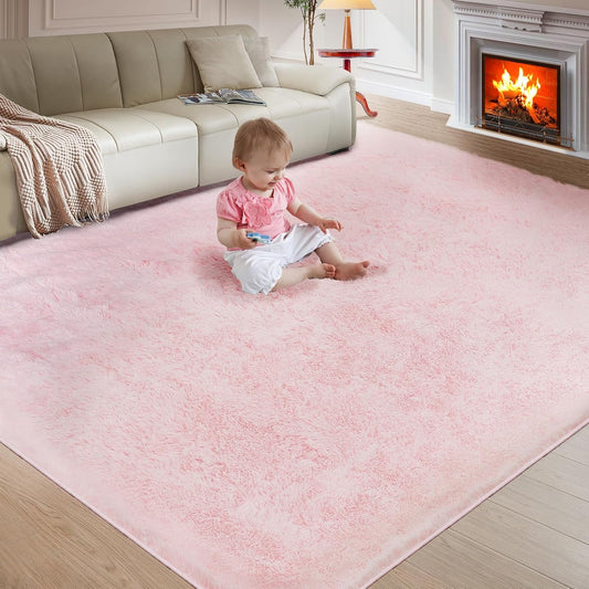 Ultra Soft Rug for Living Room, 9X12 Fluffy Shag Area Rug for Bedroom, Modern Shaggy Carpets Fuzzy Rug for Teens Dorm Nursery Home Decor Aesthetic, Upgrade Anti-Skid Durable, Pink