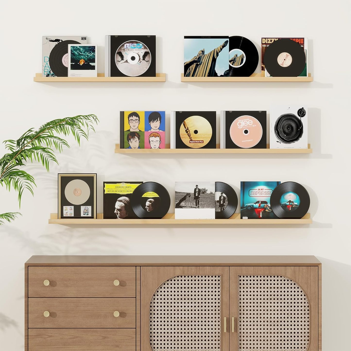 Picture Ledge Shelf, Solid Pine Wood Floating Shelves Set of 4, 16 Inches Nursery Book Shelves for Toys Storage, Kids Bookshelf Wall Mounted for Living Room Decor Photo Frames, Unfinished Natural