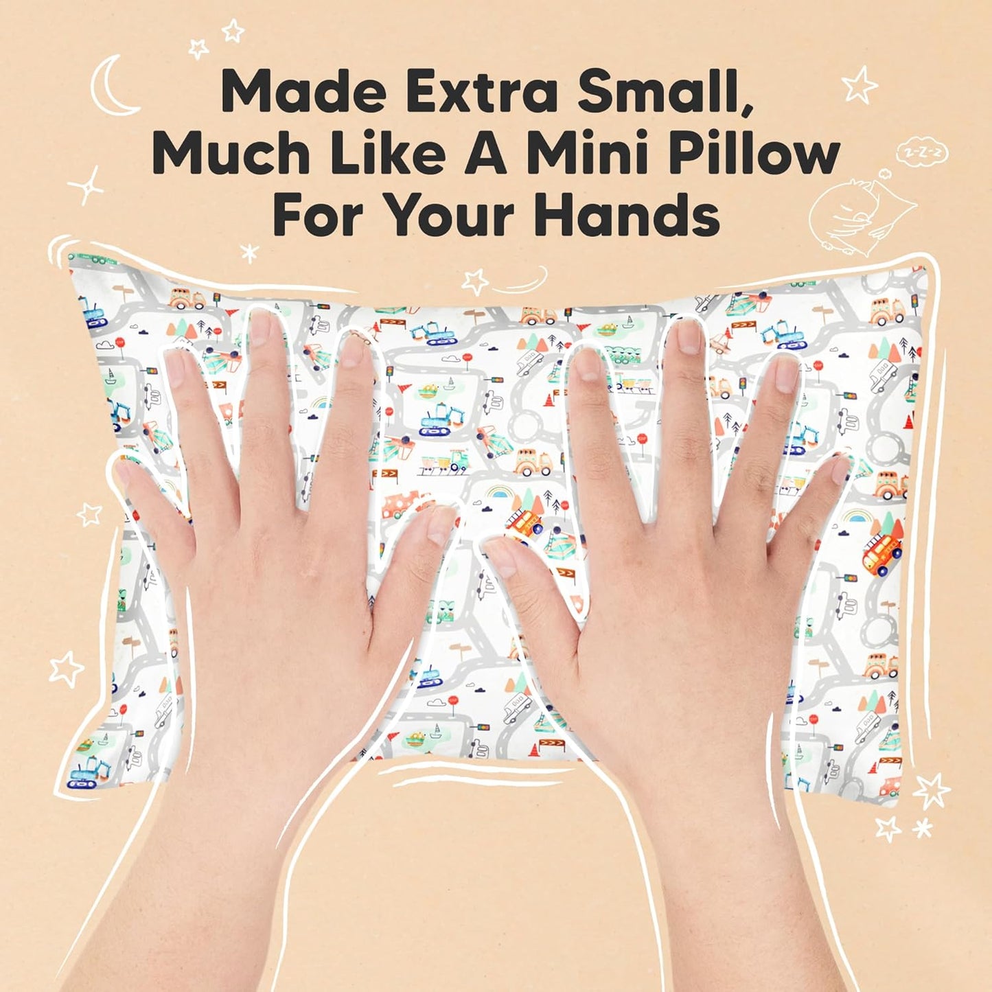 Mini Toddler Pillow with Pillowcase - 9x13 My Little Dreamy Travel Kids Pillow for Sleeping, Toddler Bed, Small, Tiny, Organic Cotton Pillowcase, Soft & Breathable, Kids 2-4 Years Old (Roadway)