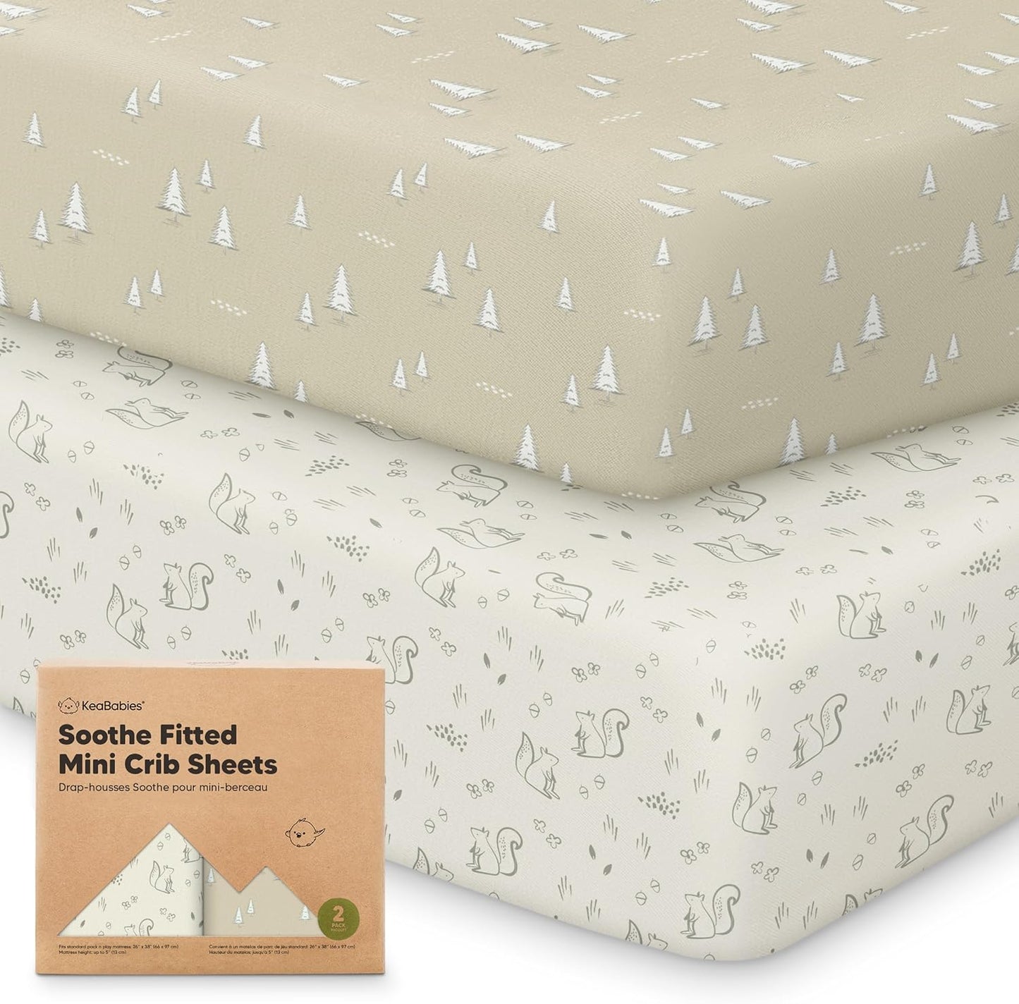 2-Pack Mini Crib Sheets Fitted - 38x26 Pack N Play Sheets for Pack and Play Mattress, Organic Cotton, Soft & Breathable Playard Bedding, Neutral Mini Toddler Bed Cover for Boys, Girls (Pine Grove)