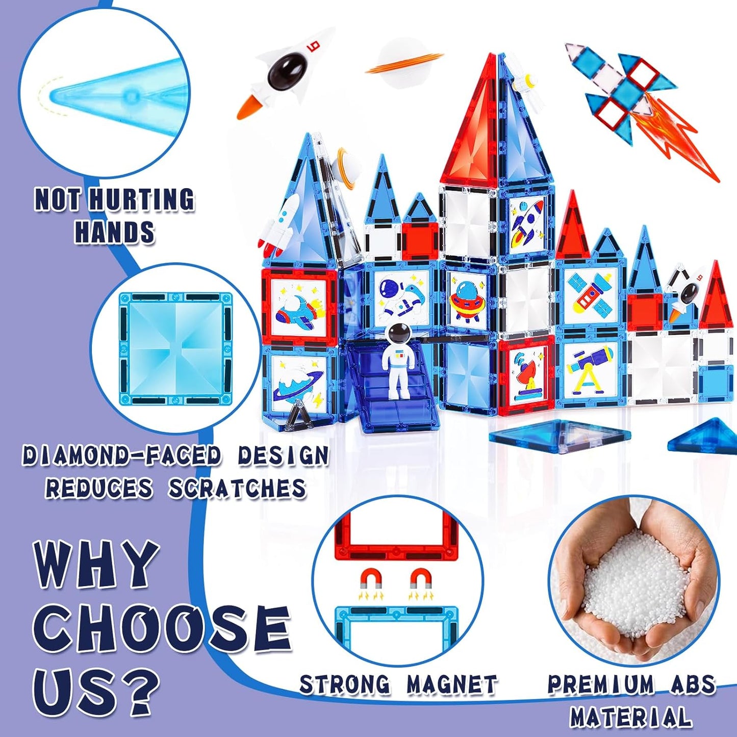 Magnetic Tiles - 58 Pcs Space Magnets Building Blocks Set - Sensory Travel Toys for Toddler - STEM Construction Playboards Stacking Toy - DIY Window Art - Birthday Gifts for Boy, Girl, Kids Ages 3-12