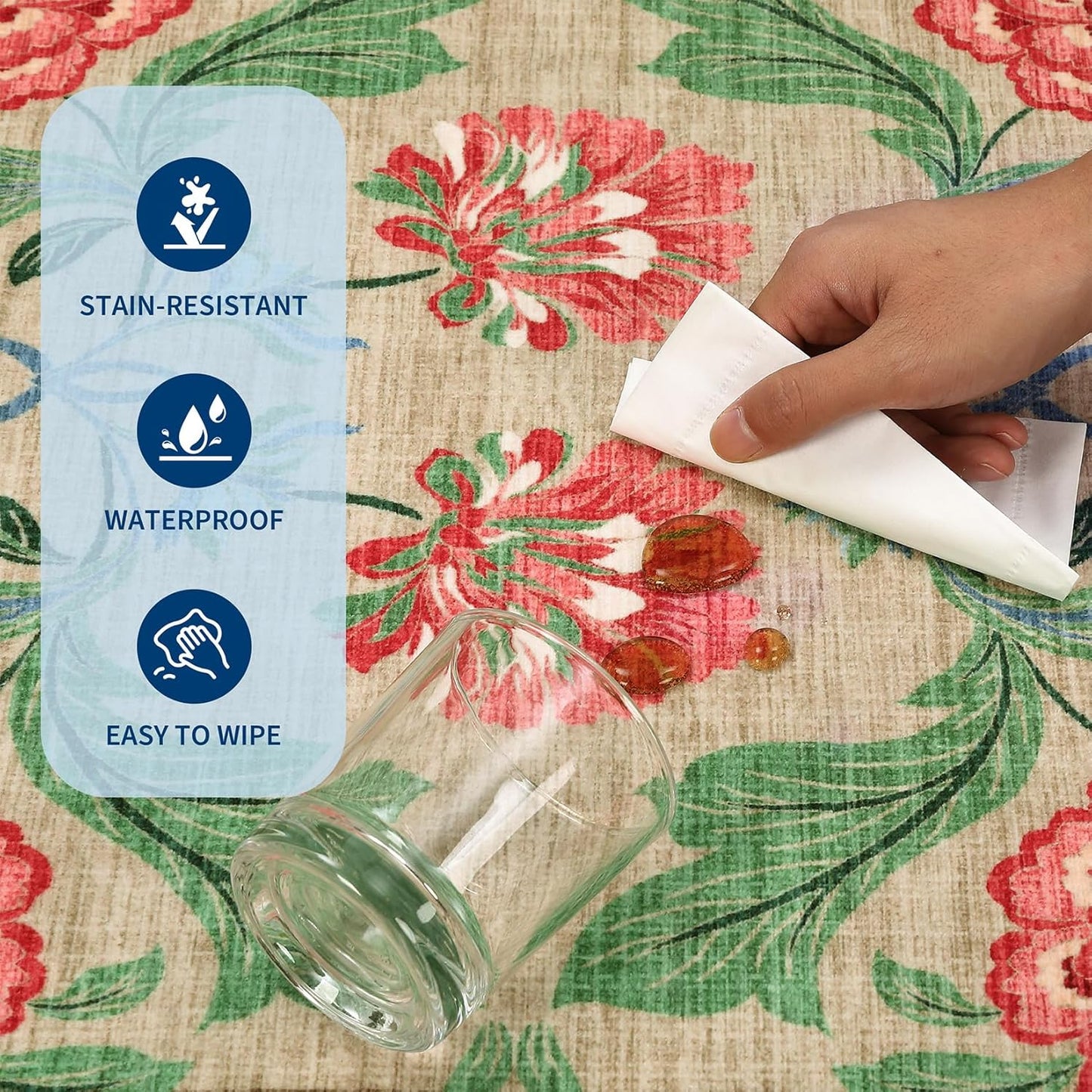 GarveeHome Floral Botanical Washable 8x10 Area Rug for Living Room Soft Camel Taupe Brown Vintage Boho Cottage Large Rugs Low Pile Carpet for Bedroom Dining Nursery Rug