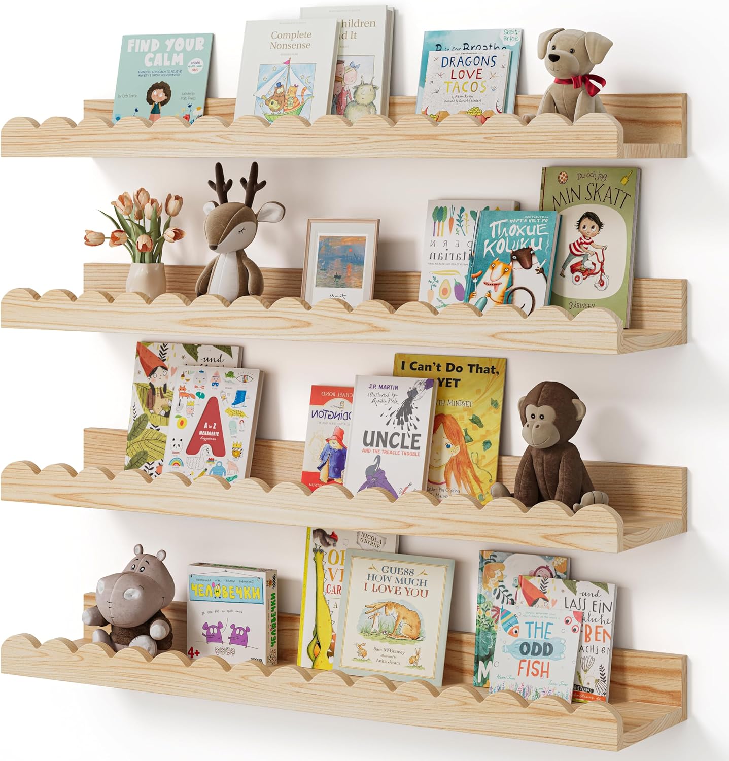 Nursery Book Shelves, 4-Pack Wood Floating Shelves for Wall Kids, Scalloped Shelves, Wall Book Shelves for Bedroom Kids, Toddler Room, Baby Room, Nursery Decor (Wood, 23 Inches)