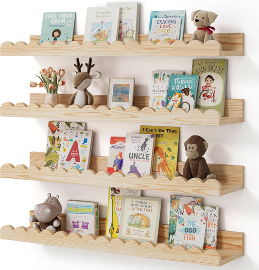 Nursery Book Shelves, 4-Pack Wood Floating Shelves for Wall Kids, Scalloped Shelves, Wall Book Shelves for Bedroom Kids, Toddler Room, Baby Room, Nursery Decor (Wood, 23 Inches)