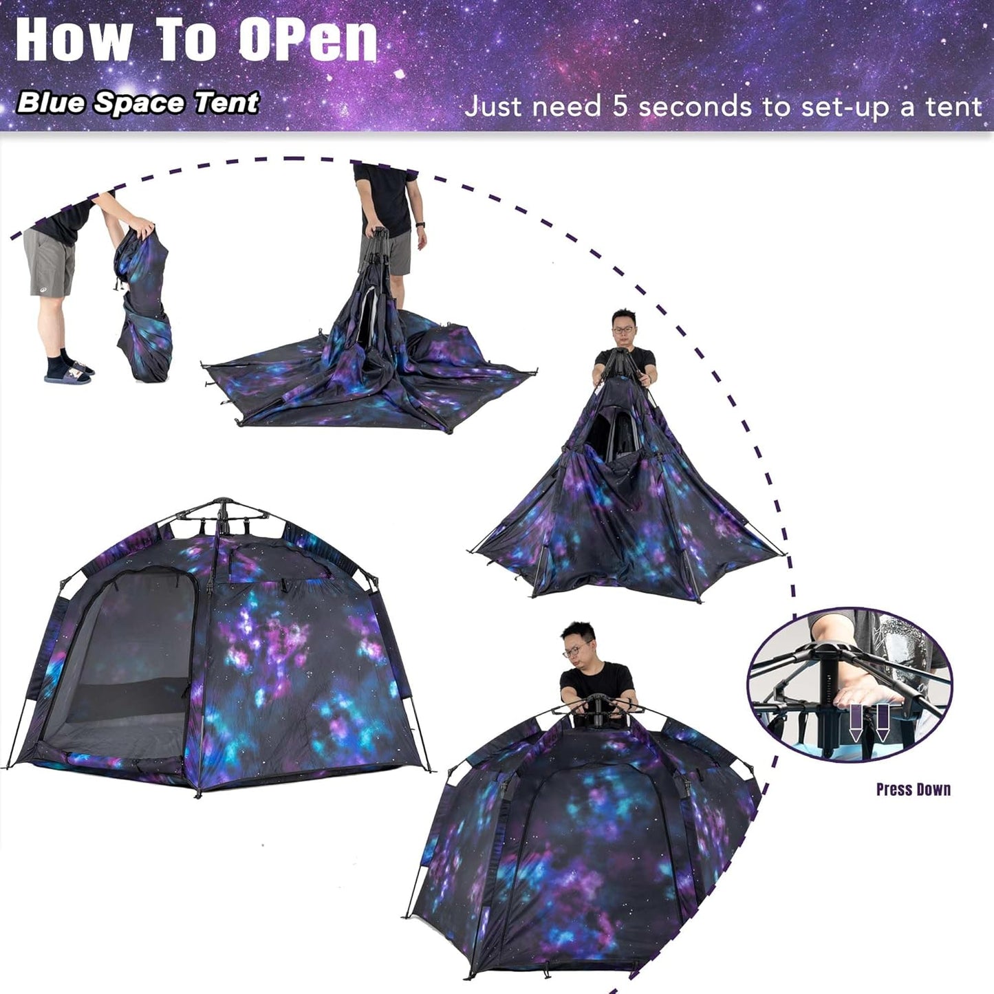 Portable Hexagon Kids Play Tent with LED Strip Lights Indoor Children Play House Easy Set-up Space Dream Tent for Night.4-5 Person Large Tents & Birthday Gifts