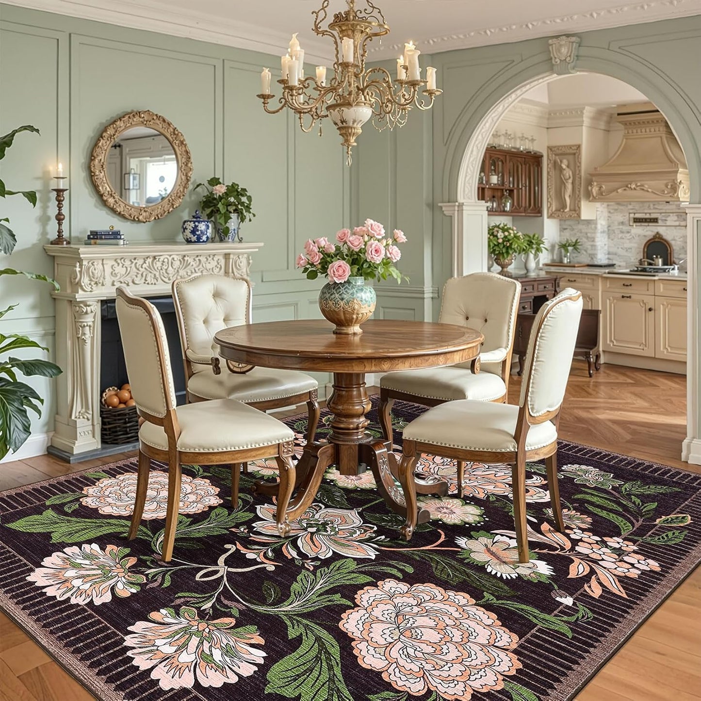 GarveeHome Plum Pink Floral Botanical Washable 9x12 Area Rug for Living Room Soft Black Purple Vintage Boho Cottage Large Rugs Low Pile Carpet for Bedroom Dining Nursery Rug