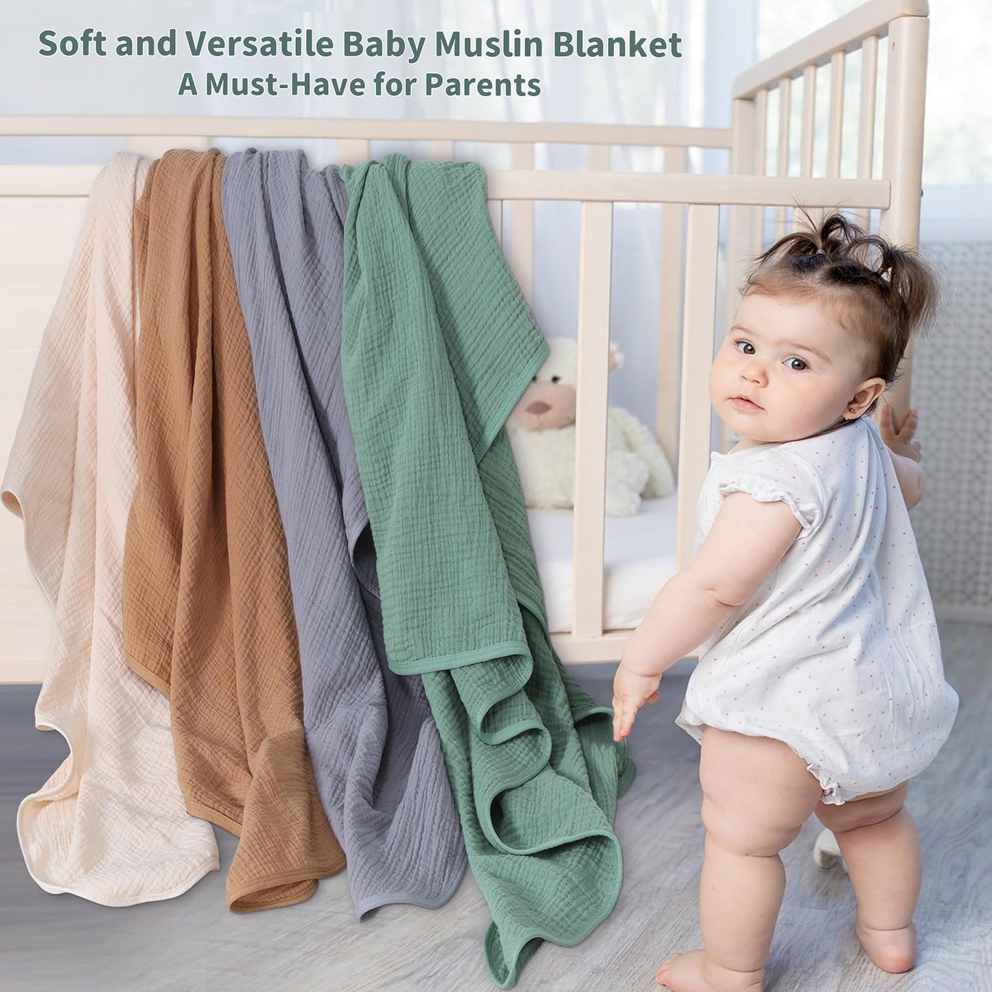 Muslin Swaddle Blankets for Newborn, 2 Pack Breathable Soft Receiving Blanket, Large 41 x 41 inches Swaddle Wrap Burping Clothes, Essentials Infant Shower Items. (Gray & Green)