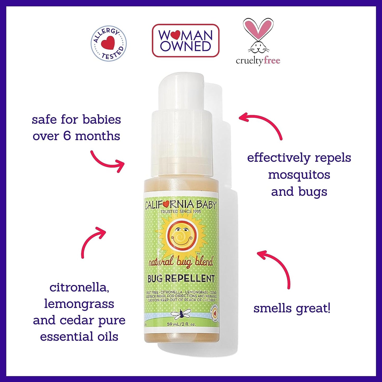 California Baby Natural Bug Repellent Spray | Citronella Bug Spray | DEET-Free | Repels Mosquitoes + Bugs | Allergy Friendly | Great Smell | Baby & Adult Insect Repellent Spray | 59 mL / 2 oz.