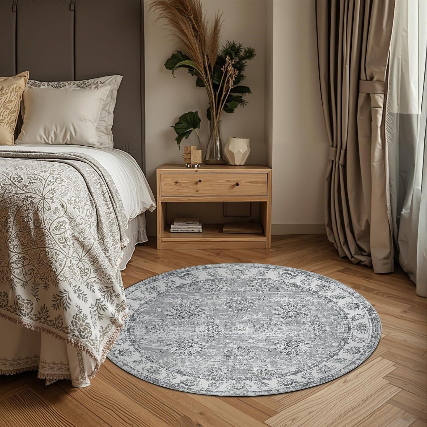 jinchan Round Rug 4ft Area Rug - Indoor Vintage Hallway Circle 4' Washable - Ultra-Thin Low Pile Soft Small Non Slip Distressed Floral Print for Living Room Dining Room Bedroom Entryway Grey