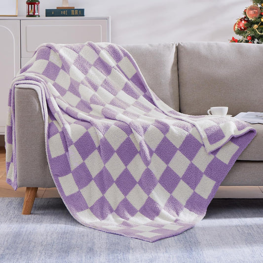 WRENSONGE Checkered Throw Blanket, Purple Soft Cozy Fluffy Warm Hand Made Throw Blankets for Couch, Sofa, Chair, Bed, Camping, Picnic, Travel Lightweight Bed Blanket - 50"*70"