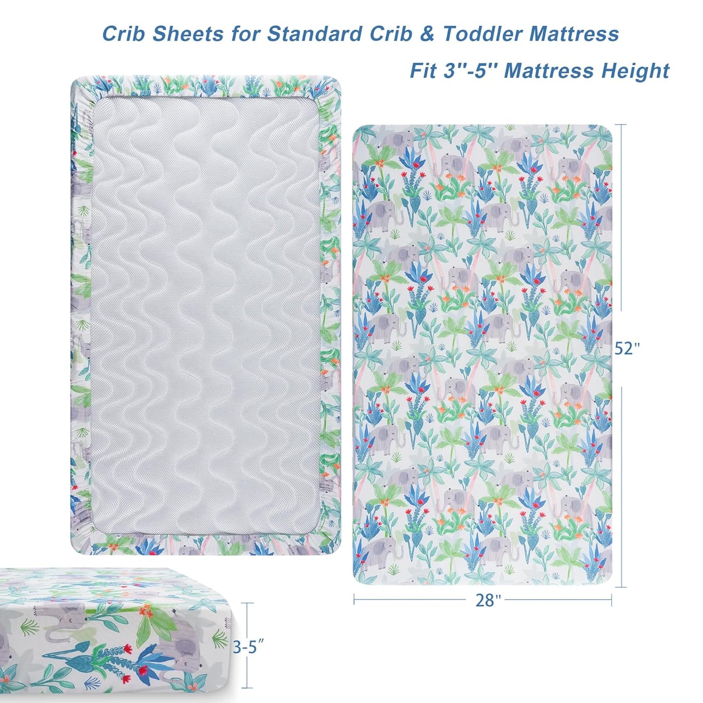 TILLYOU Baby Crib Sheets for Boys Girls, Super Soft Toddler Bed Sheets, 2 Pack Sheets for Standard Crib Mattress 28x52in, Rainforest Elephant