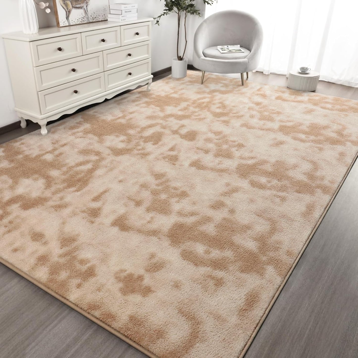 Kimicole 6x9 Washable Area Rugs for Living Room Bedroom, Large Low Pile Ulta-Thin Solid Color Rug, Non-Slip Soft Fluffy Carpet for Nursery Kids Room Dorm Room Home Decor (Light Tan)