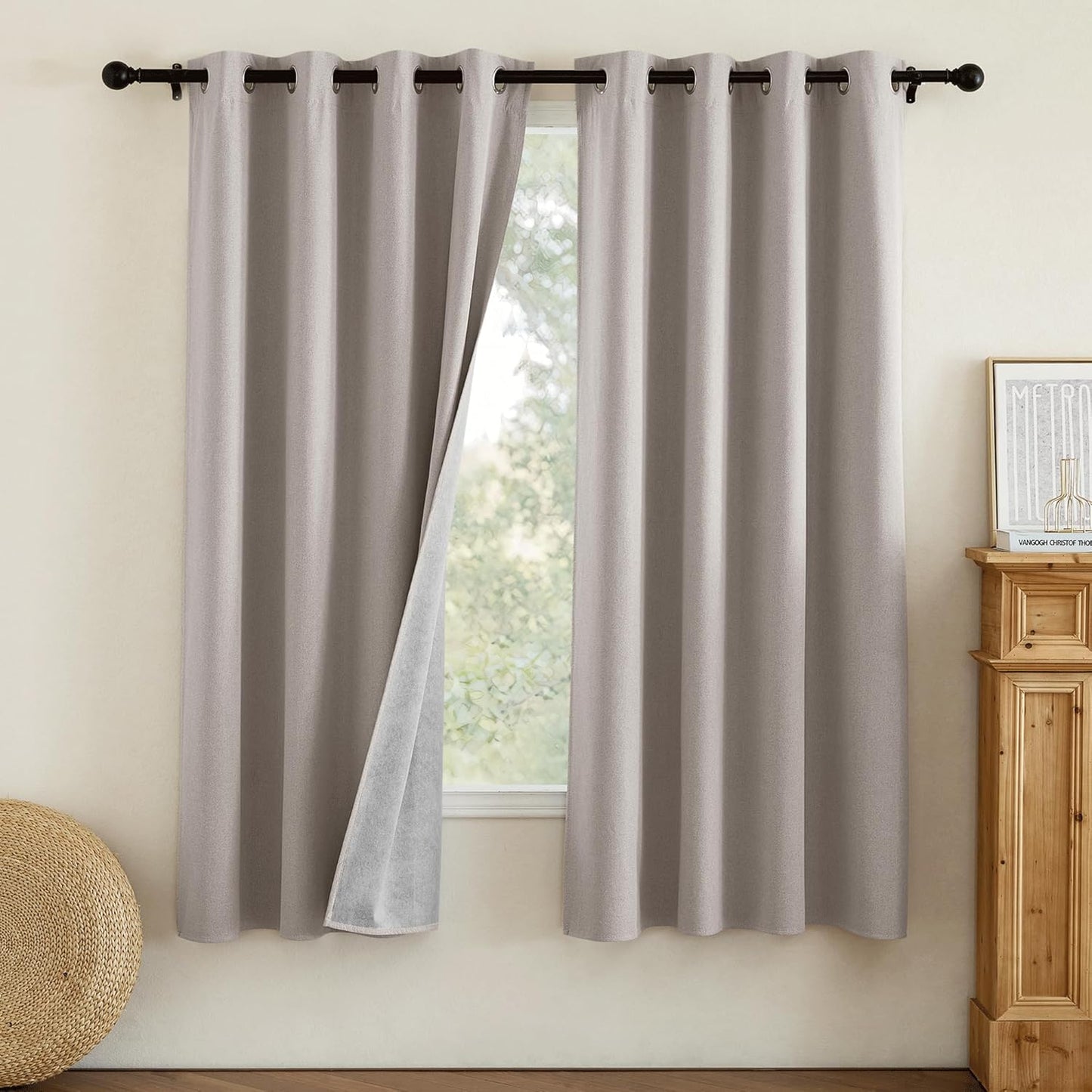 NICETOWN Natural Bedroom Full Blackout Faux Linen Curtain Panels Set of 2, 52" by 72", Thick Insulated Classic Grommet Blackout Draperies with White Thermal Insulated Liner for Windows