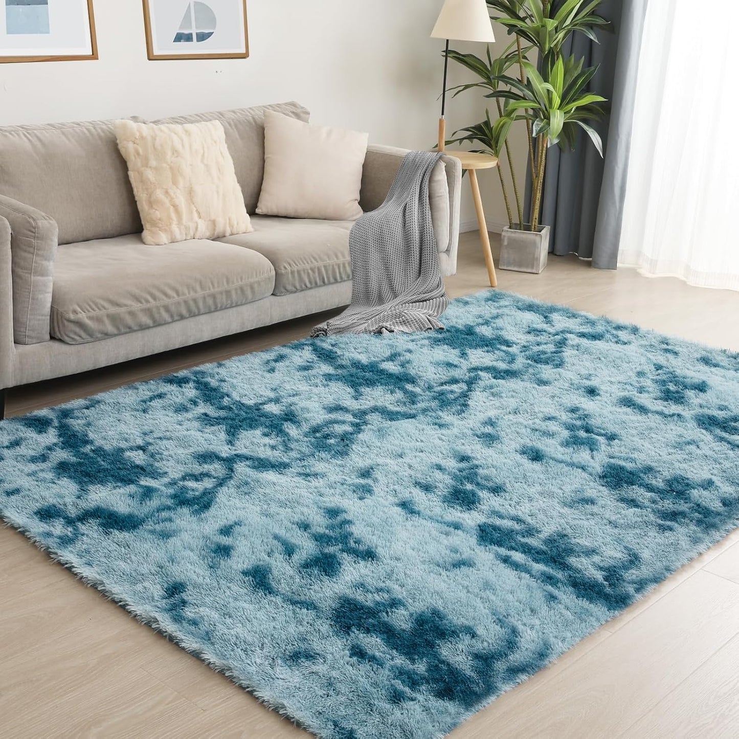 Area Rugs 8x10, Fluffy Rugs for Living Room, Ultra Soft Rugs for Bedroom, Non-Slip Indoor Carpet for Nursery, Kids Room, Playroom, Home Decor, Tie-Dyed Blue
