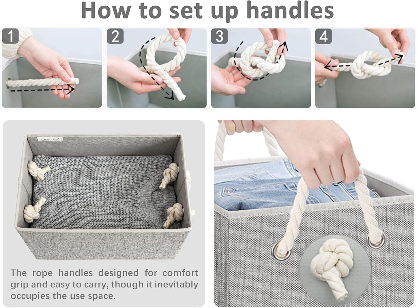 StorageWorks Large Storage Bins with Lids, Decorative Storage Boxes with Lid and Soft Rope Handles, Foldable Storage Baskets for Closet, Shelves, Stackable, Gray, 3-Pack