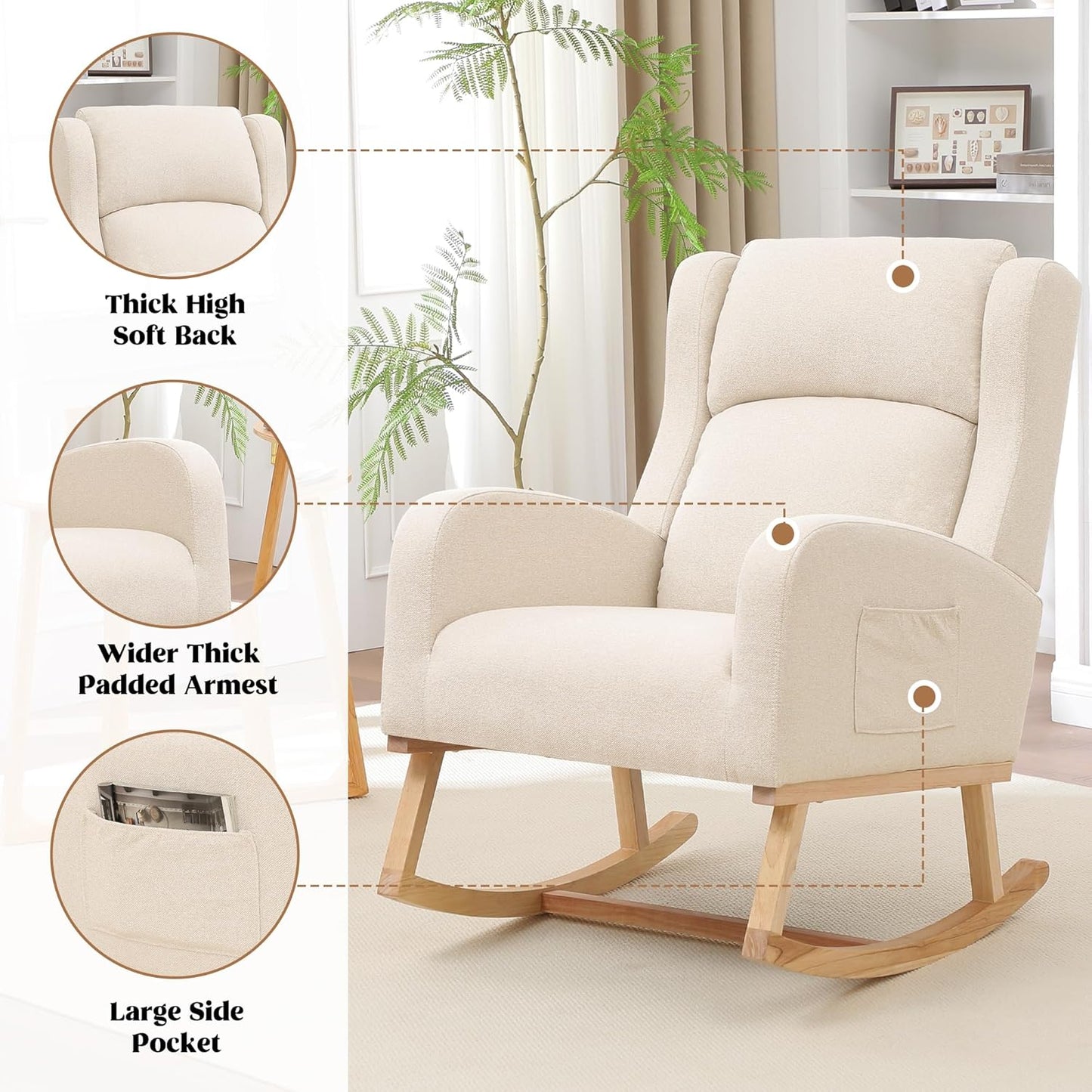 Rocking Chair Nursery, Nursing Rocking Chairs for Mom Nursery, Comfy Wingback Glider Rocking Armchair with Side Pocket for Nursery Living Room, Beige
