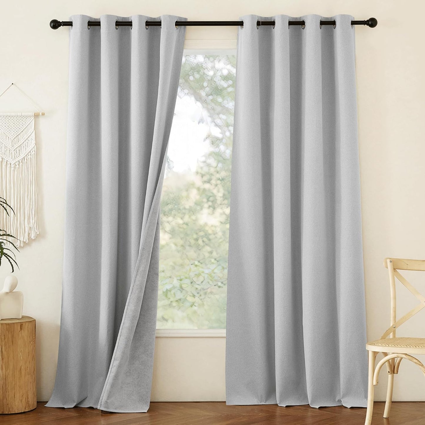 NICETOWN 100% Absolutely Blackout Faux Linen Curtains with Thermal Insulated White Liner, Greyish White, W52, 2 Pieces, Noise Reducing Faux Linen Look Curtains for Windows 90" Length for Classroom