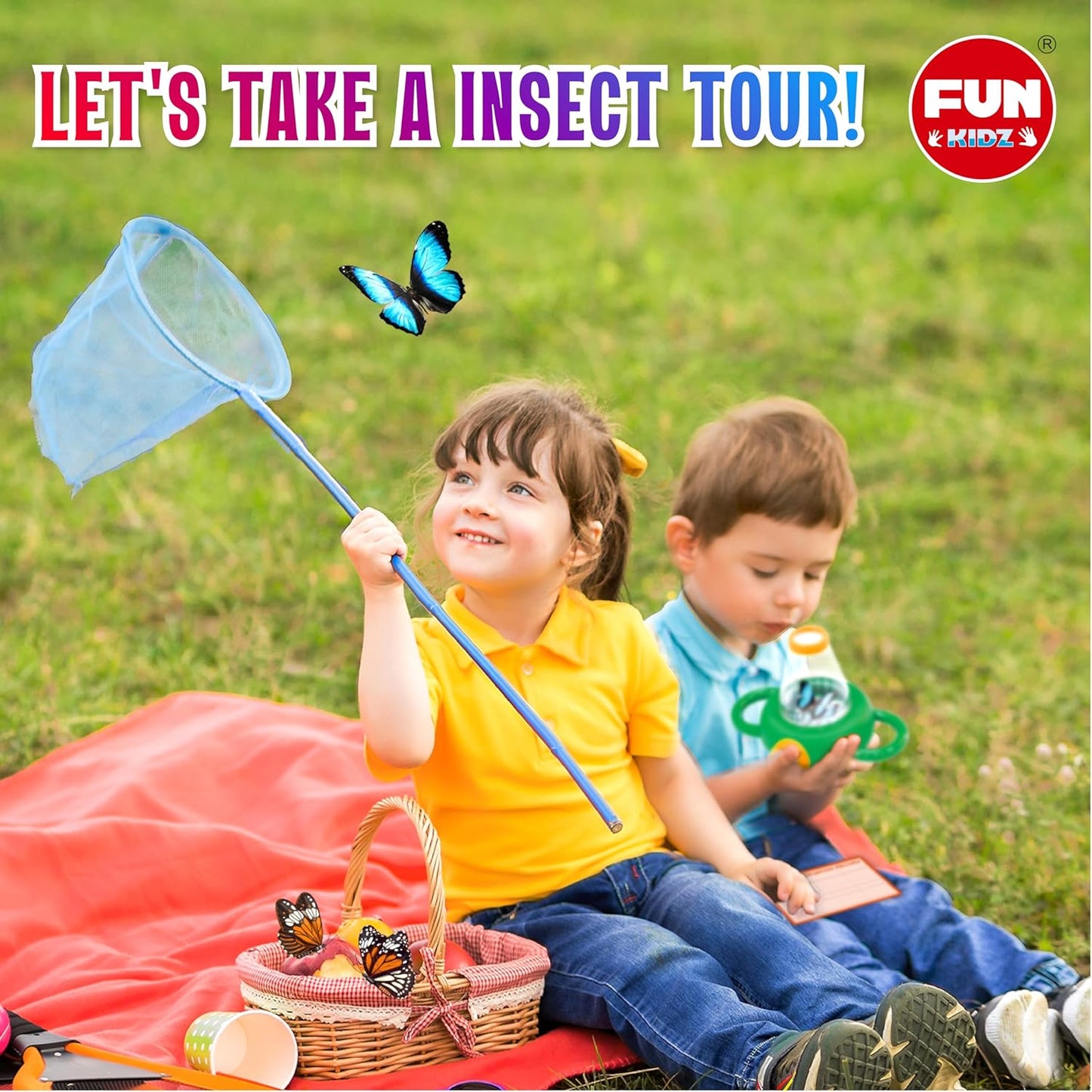 Science Kid Bug Catcher Kit, FunKidz Outdoor Activities Gift Butterfly Bug Habitat with Magnified Viewer Bug Catching Kit for Boys 3-12 Includes Net Catcher, Tweezers, Record Lists
