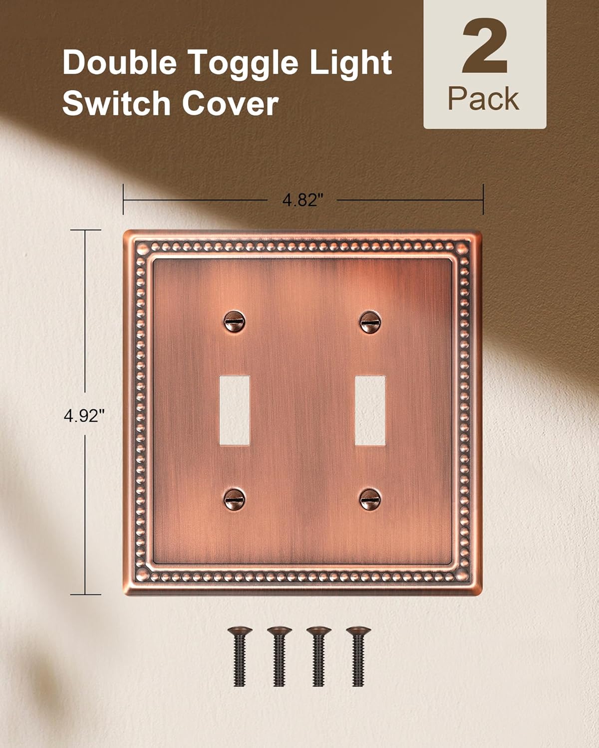 2-Pack Double Toggle Light Switch Cover Plate, Pearls Decorative Dual Switch Plate Covers, Antique Copper 2 Gang Metal Wall Plate, Corrosion Resistant