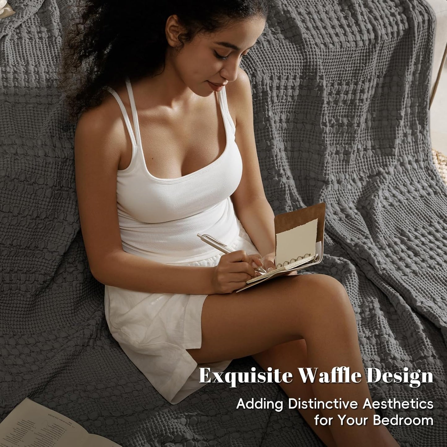 PHF 100% Cotton Waffle Weave Blanket King Size, Soft Lightweight Breathable Cozy Summer Blankets for Bed, Luxury Aesthetic Woven Bedding for Home Decor, 108"x90", Charcoal Grey