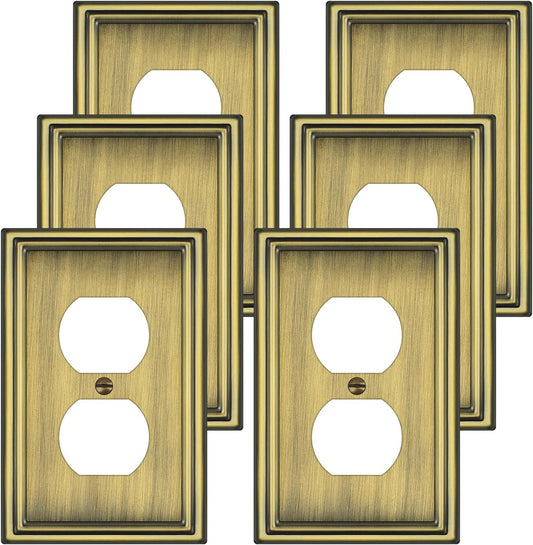 6 Pack Duplex Outlet Covers Wall Plates, Antique Brass Metal Electric Receptacle Cover, Classic Decorative Switch Plate and Outlet Cover, 1 Gang Wall Plate for Electrical Outlets