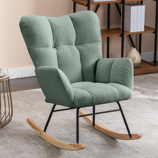 NIOIIKIT Nursery Rocking Chair Teddy Upholstered Glider Rocker Rocking Accent Chair Padded Seat with High Backrest Armchair Comfy Side Chair for Living Room Bedroom Offices (Olive Green)