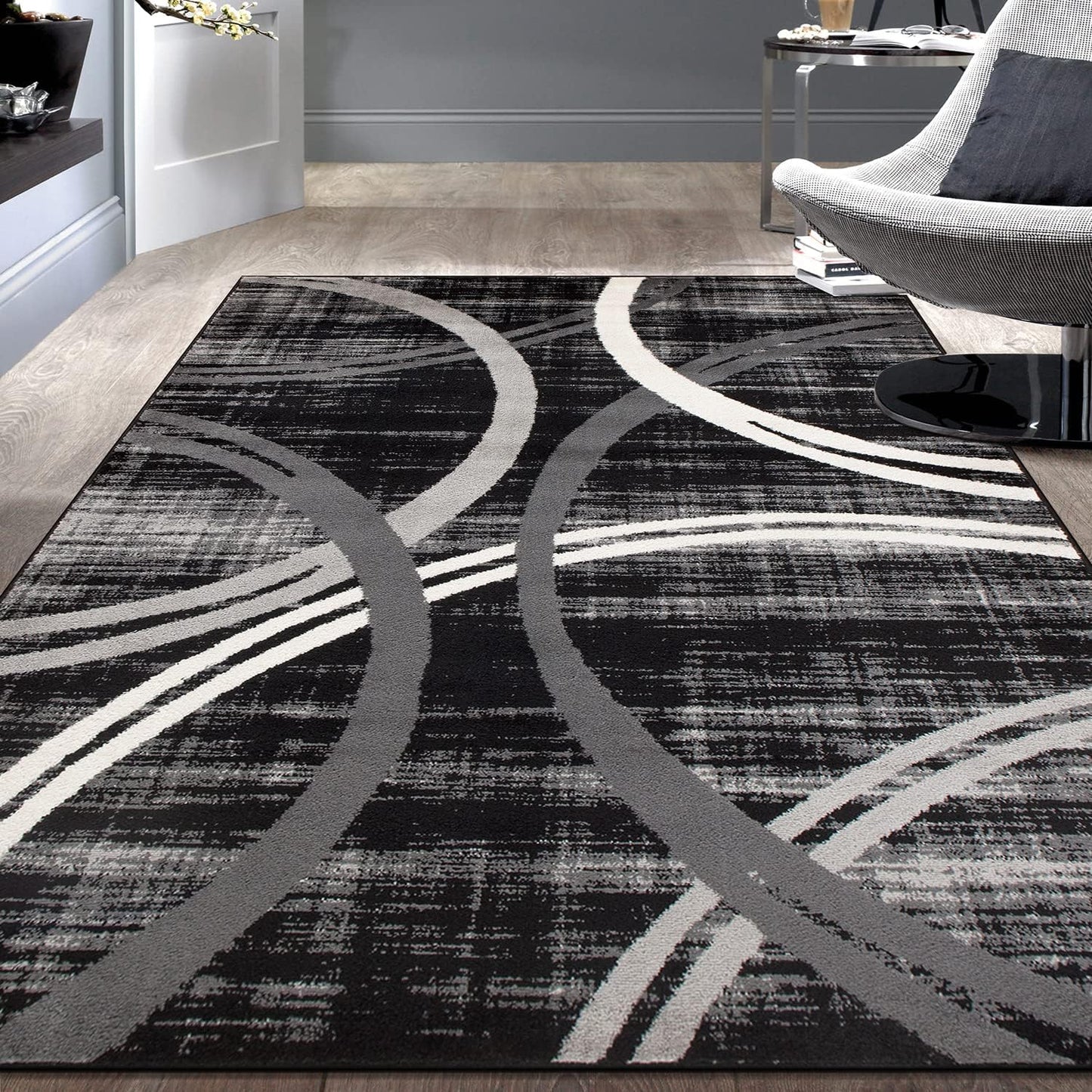 Rugshop Modern Wavy Circles Design Area Rug 8'8" x 12' Black