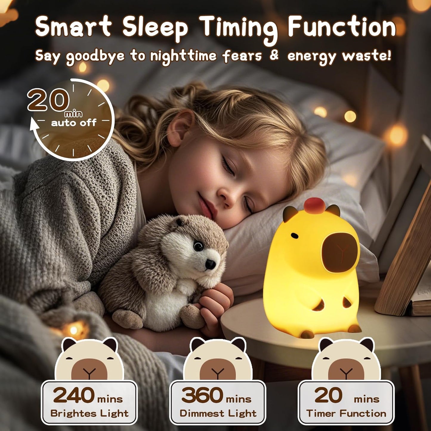 Capybara Night Light,Cute Tangerine LED Squishy Novelty Animal Night Lamp,Dimmable Soft Silicone Nursery Nightlight for Kids, Rechargeable Bedroom Touch Lamp, Dorm Decor, Baby Boys Girls Gift