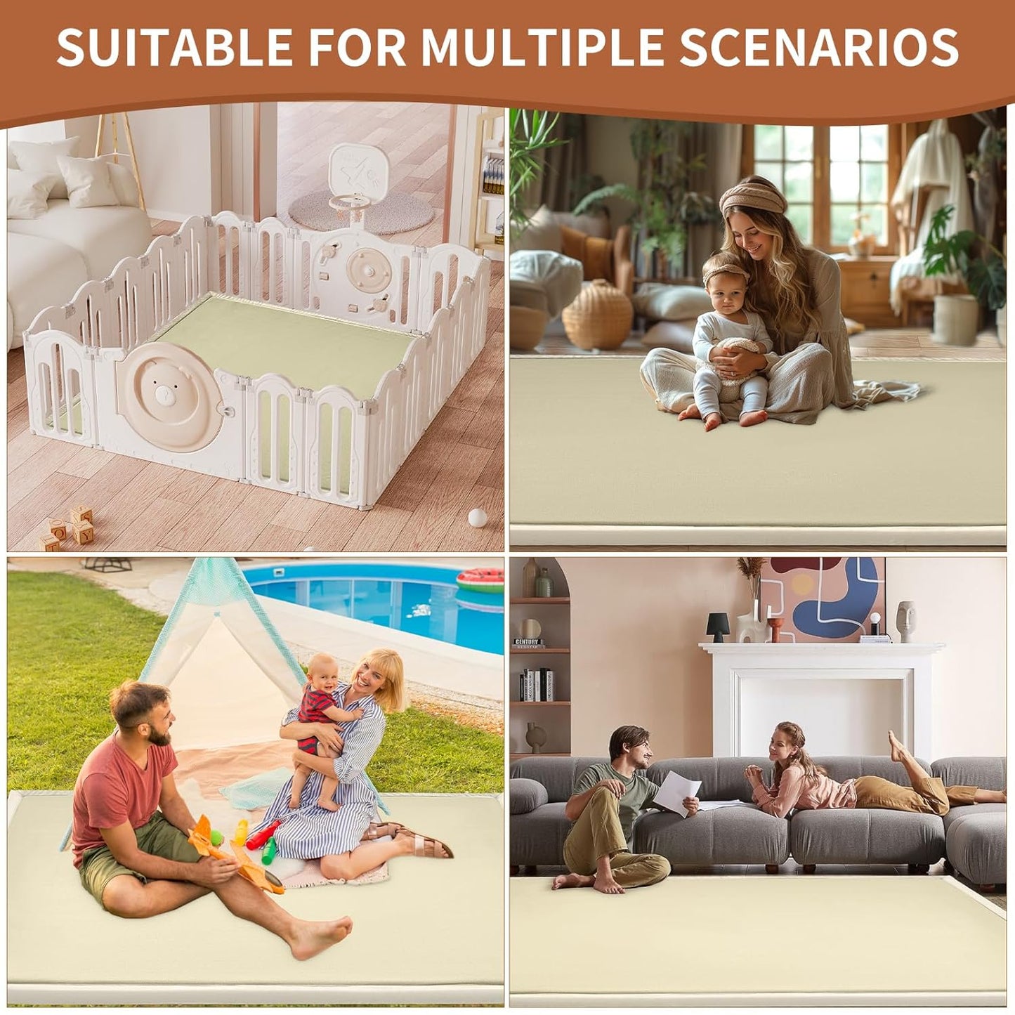 SUNYRISY Baby Play Mat for Floor 70 x 80in, 1.4in Thick Memory Foam Padded Play Mats Baby Rug, Soft Velvet Infants Toddler Kids Crawling Mat for Nursery, Non-Slip Bottom, Beige