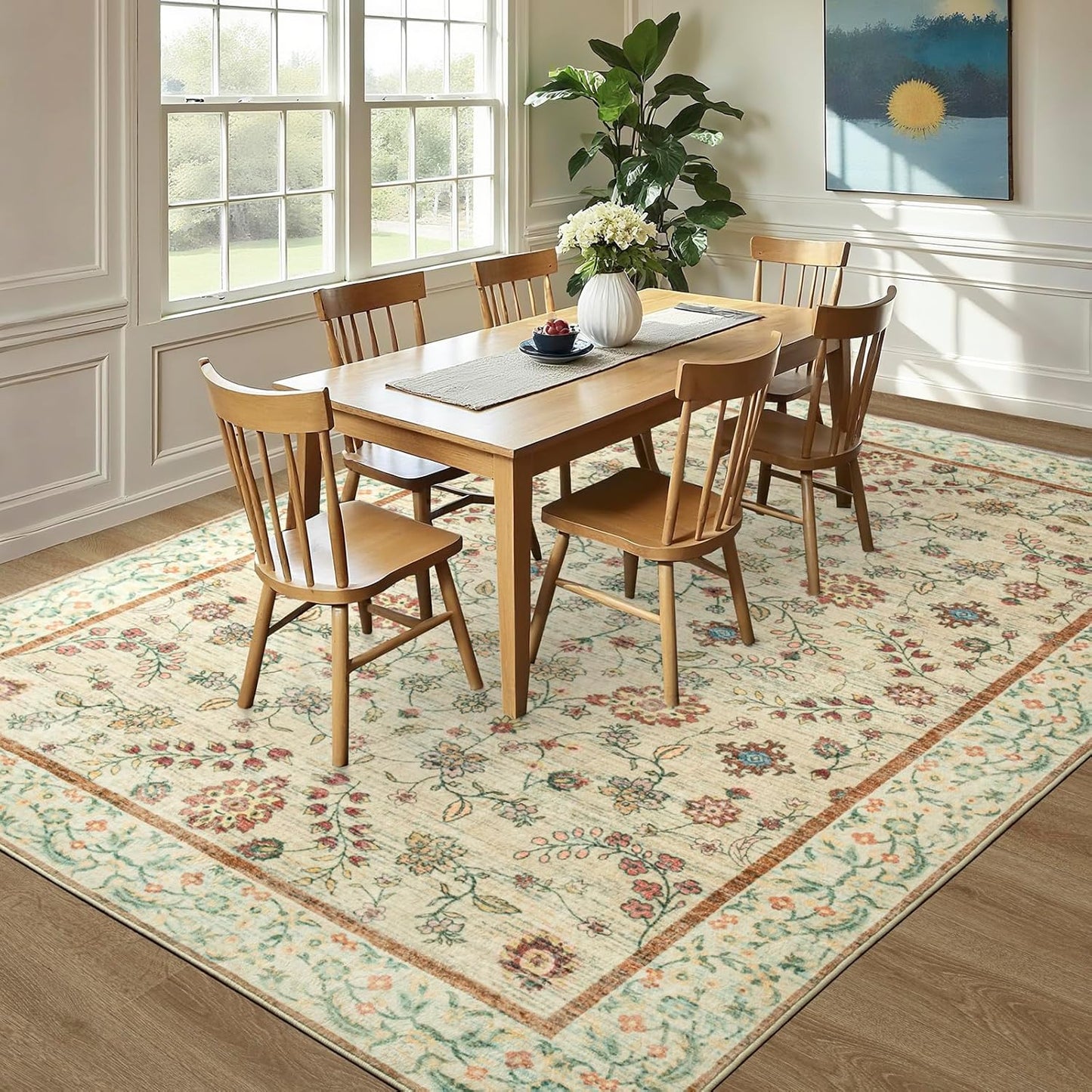 LOCHAS Washable Area Rugs 4x6, Beige Floral Rug for Living Room Bedroom Non Slip, Ultra Soft Vintage Indoor Carpet for Kids, Nursery, Dorm, Dining Room, Classroom, Boho Flower Home Decor, Low-Pile