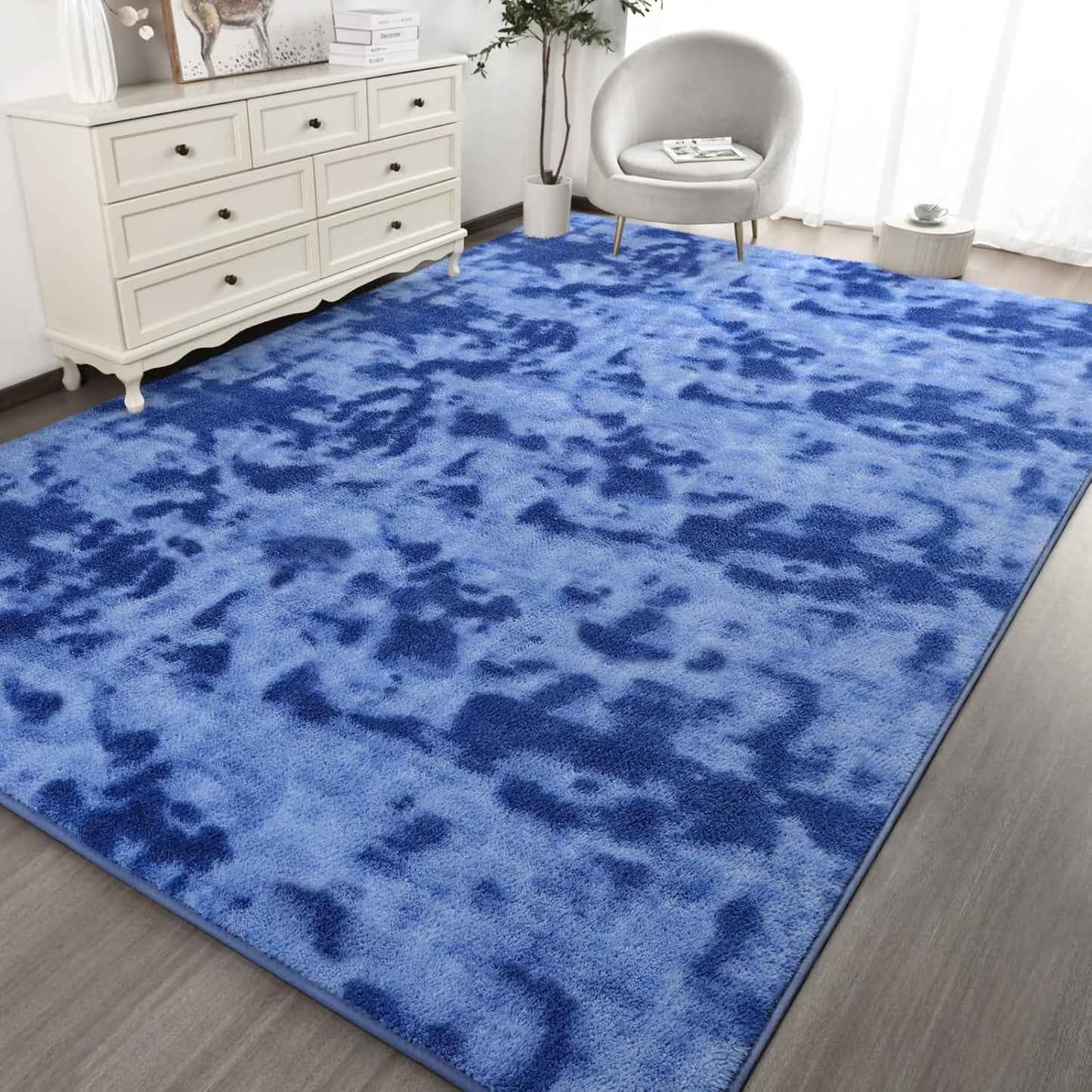 Kimicole 4x6 Washable Area Rugs for Bedroom Living Room, Low Pile Ulta-Thin Solid Color Rug, Non-Slip Soft Fluffy Carpet for Nursery Kids Room Dorm Room Home Decor (Blue)