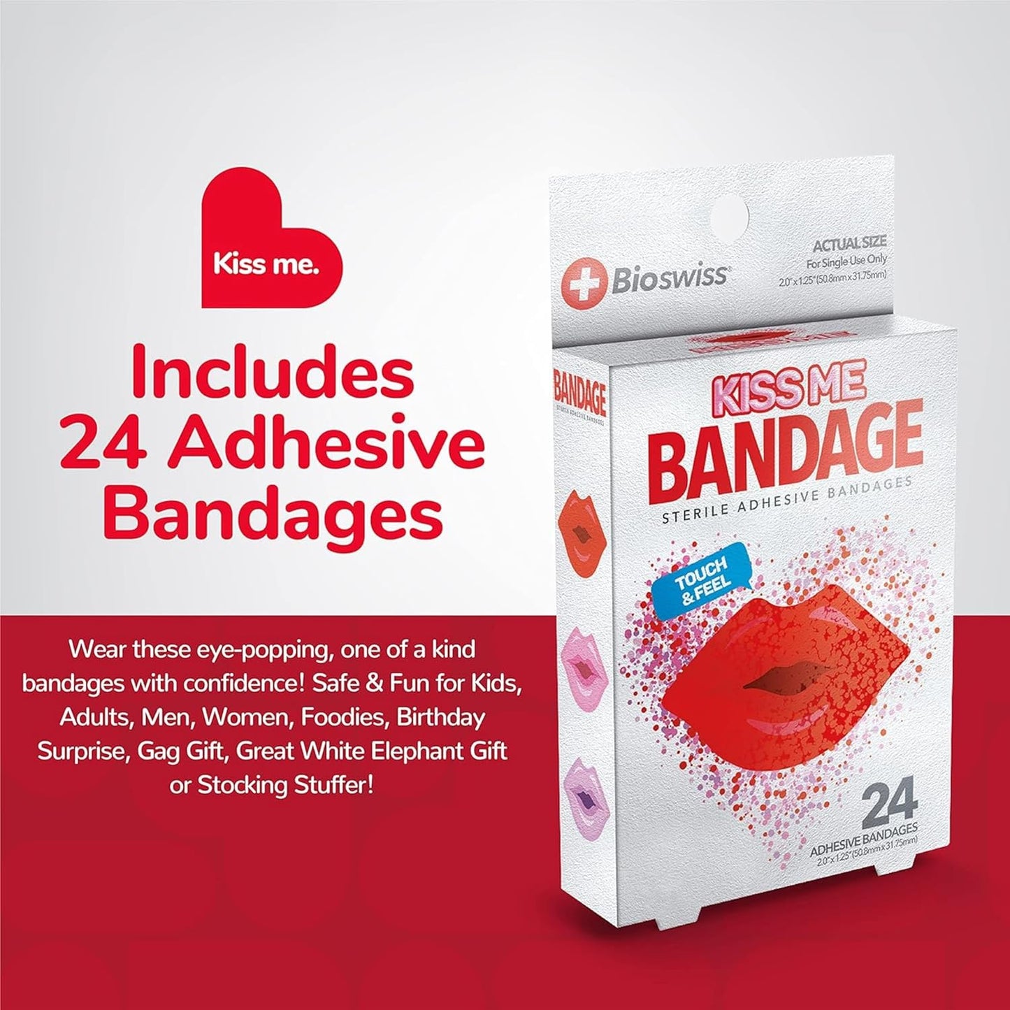BioSwiss Bandages, Lips Shaped Self Adhesive Bandage, Latex Free Sterile Wound Care, Fun First Aid Kit Supplies for Kids, 24 Count