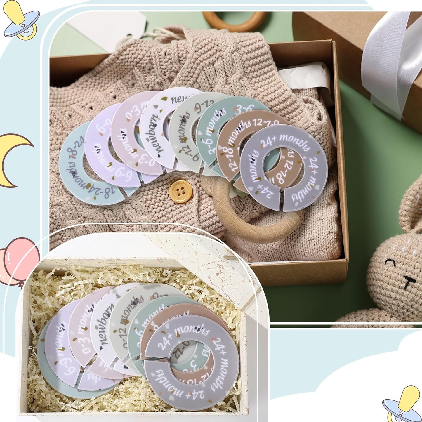 8 Pcs Baby Closet Dividers Unisex Baby Clothes Organizers Clear Labels for Nursery Closet Organizer & Decor Nursery Fits Most Rods(Donut,Light Color)