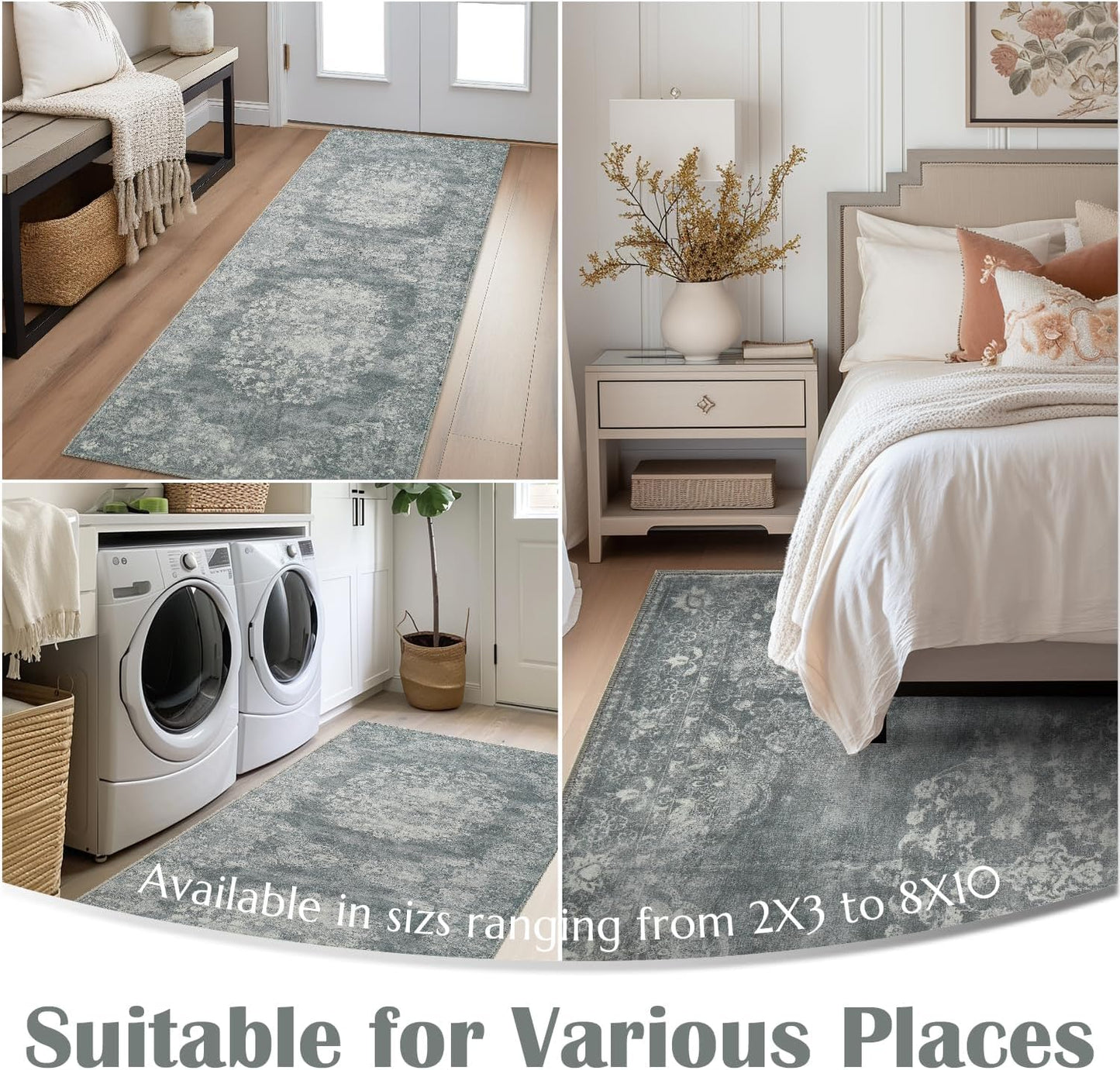 jinchan Floral 2x3 Rug for Entryway - Vintage Washable Area Rug Ultra-Thin Low Pile Soft Small Non-Slip Distressed Indoor Doormat Accent for Entrance Kitchen Bedroom Bathroom (2x3ft,Grey)