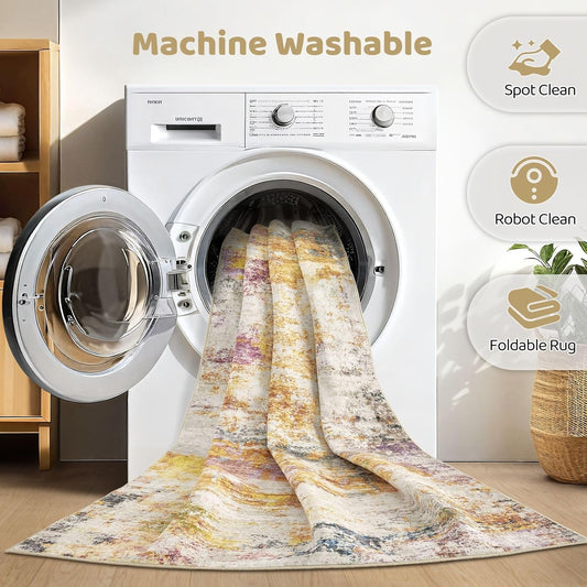 10x14 Area Rugs Living Room: Washable Large Abstract Modern Soft Stain Resistant Indoor Floor Rugs Non-Slip Accent Carpet for Bedroom Nursery Playroom Office Dining Room Dorm Home House- Gold Colorful