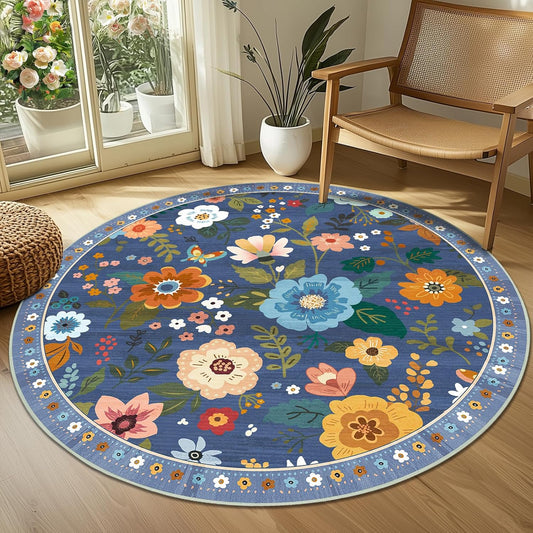 Floral 4ft Area Rug Machine Washable Soft Print Boho Carpet Non Slip Doormat Low Pile Flower Area Rugs for Living Room Bedroom Nursery Kitchen Dining Room Indoor-Blue/Grey