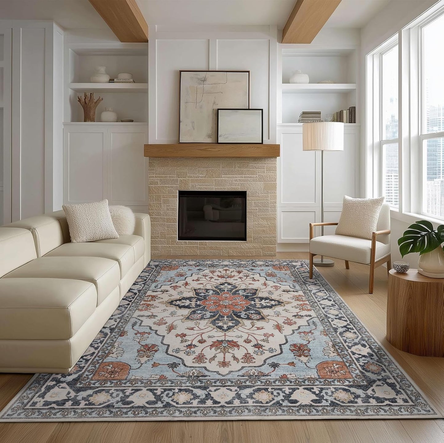 Washable 6x9 Area Rug for Living Room, Carpet for Bedroom Dining Room, Non Slip&Non-Shedding Resistant Low Pile Vintage Print Rug for Home Office (Blue/Gray)
