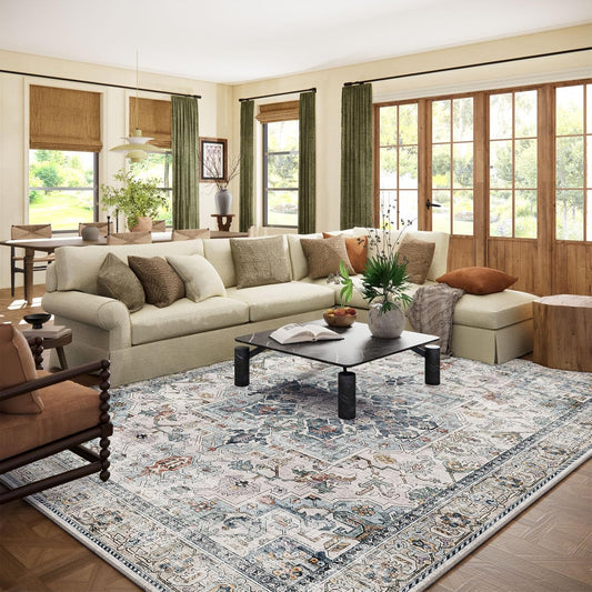 9x12 Area Rugs for Living Room: Washable Bedroom Rug Boho Vintage Rugs Stain Resistant Non Slip Low Pile Soft Lightweight Carpet for Kitchen Dining Room Farmhouse Nursery Kids Room Home Office
