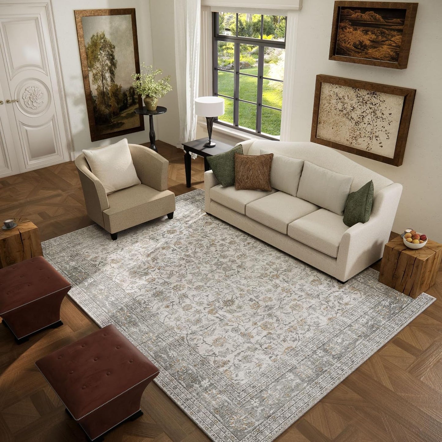 Machine Washable Rugs for Living Room: 5x7 Area Rugs for Bedroom Vintage Stain Resistant Non Slip Low Pile Soft Boho Carpet for Kitchen Dining Room Farmhouse Kids Room Nursery