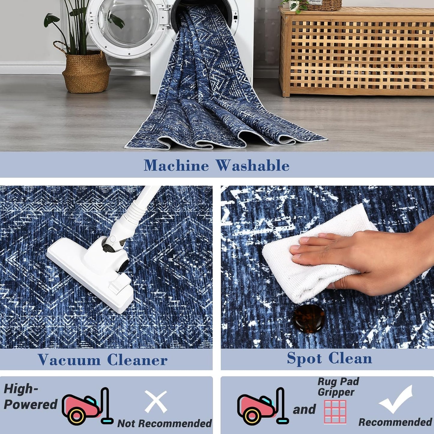 COZYLOOM Living Room Rug 9x12 Machine Washable Area Rugs Modern Abstract Floor Cover Non Slip Low Pile Geometric Mats Stain Resistant Foldable Carpet for Dining Room Bedroom, Blue